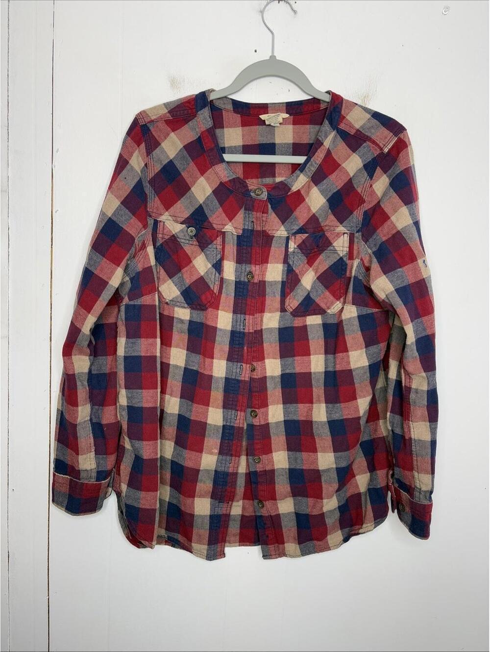 Duluth Trading Shirt Womens Large Cotton Collarless Flannel Button Up Pockets